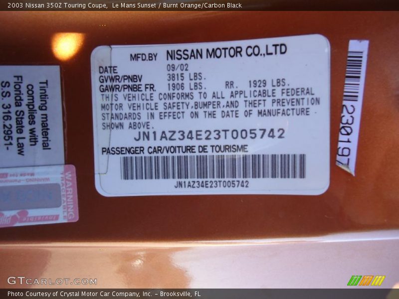 Info Tag of 2003 350Z Touring Coupe