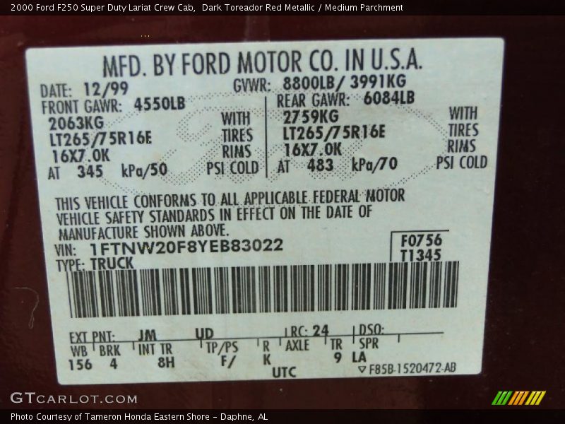 Dark Toreador Red Metallic / Medium Parchment 2000 Ford F250 Super Duty Lariat Crew Cab