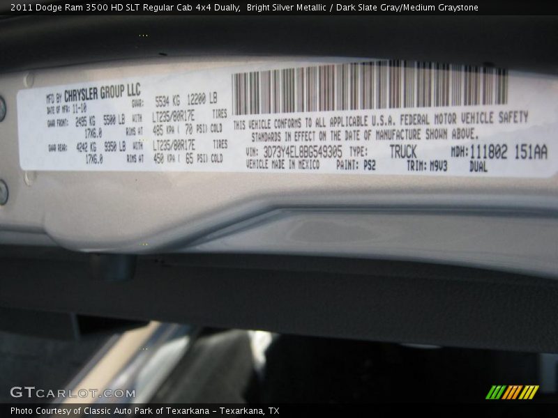 2011 Ram 3500 HD SLT Regular Cab 4x4 Dually Bright Silver Metallic Color Code PS2