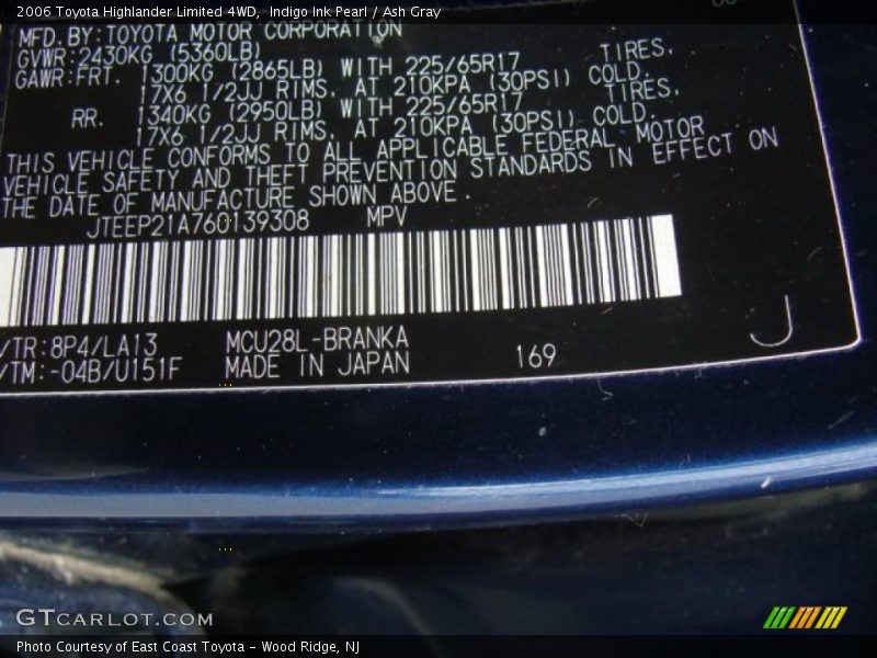 Indigo Ink Pearl / Ash Gray 2006 Toyota Highlander Limited 4WD