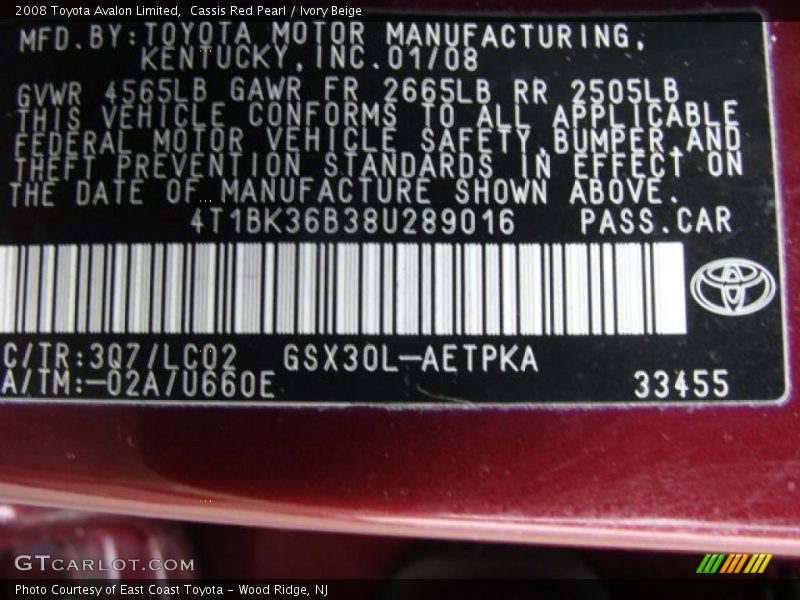 Cassis Red Pearl / Ivory Beige 2008 Toyota Avalon Limited