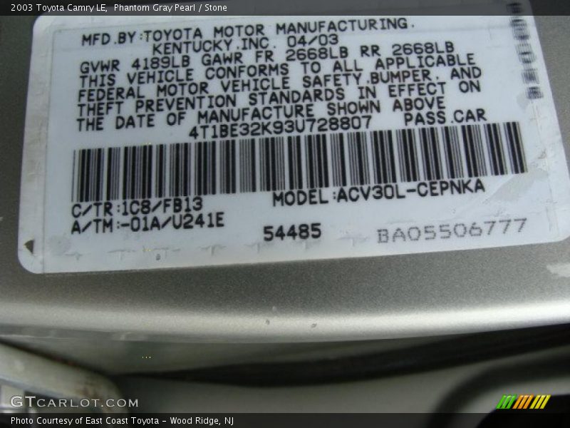 Phantom Gray Pearl / Stone 2003 Toyota Camry LE