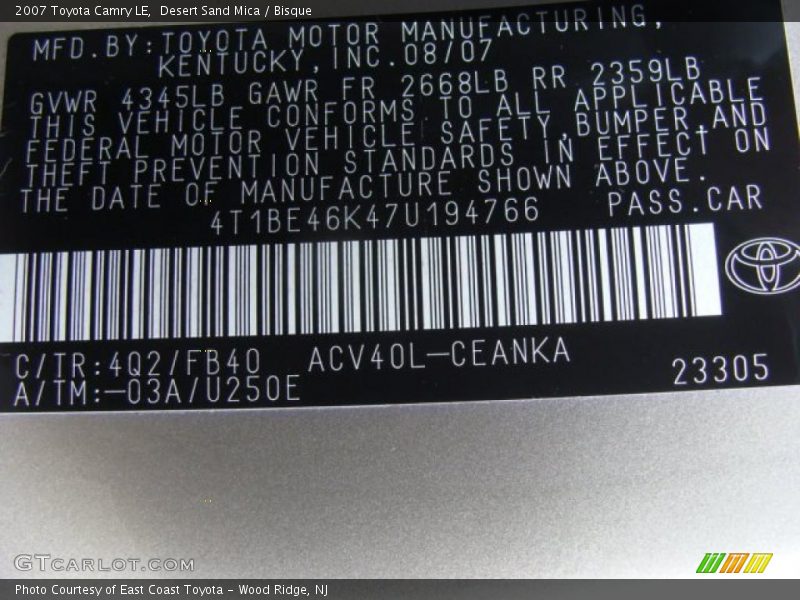 Desert Sand Mica / Bisque 2007 Toyota Camry LE