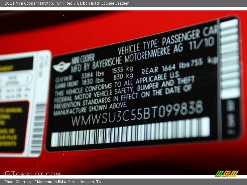 Chili Red / Carbon Black Lounge Leather 2011 Mini Cooper Hardtop
