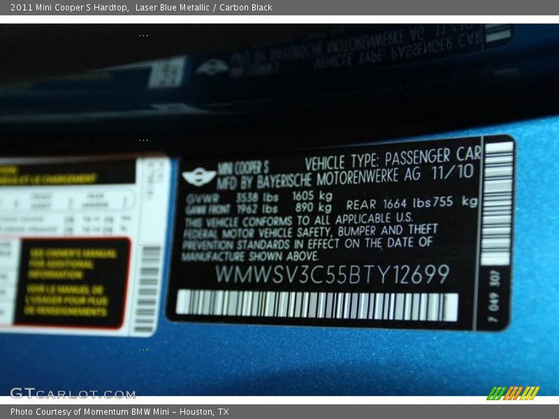 Laser Blue Metallic / Carbon Black 2011 Mini Cooper S Hardtop