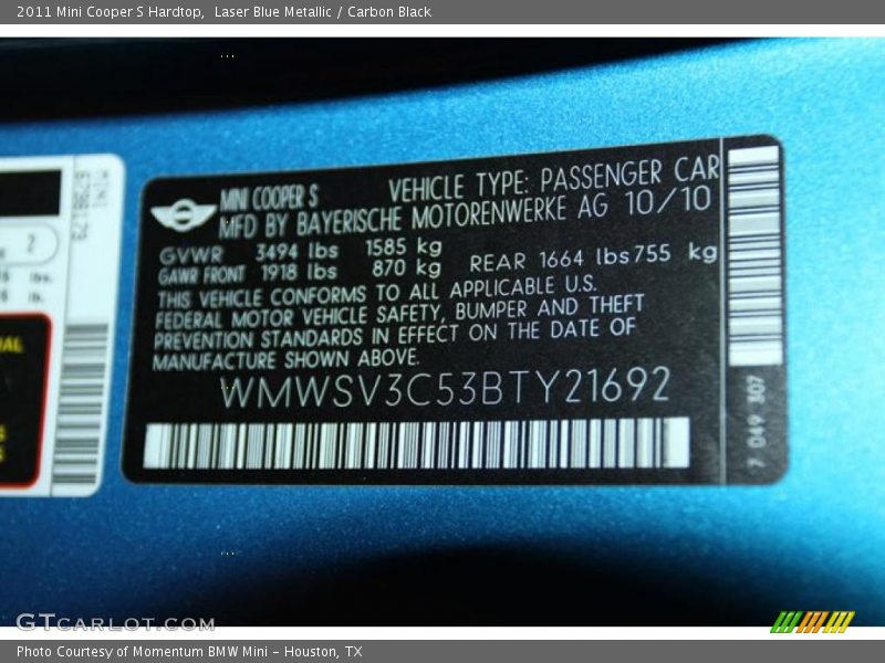 Laser Blue Metallic / Carbon Black 2011 Mini Cooper S Hardtop