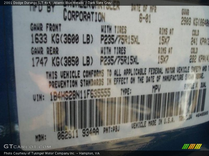 Atlantic Blue Metallic / Dark Slate Gray 2001 Dodge Durango SLT 4x4