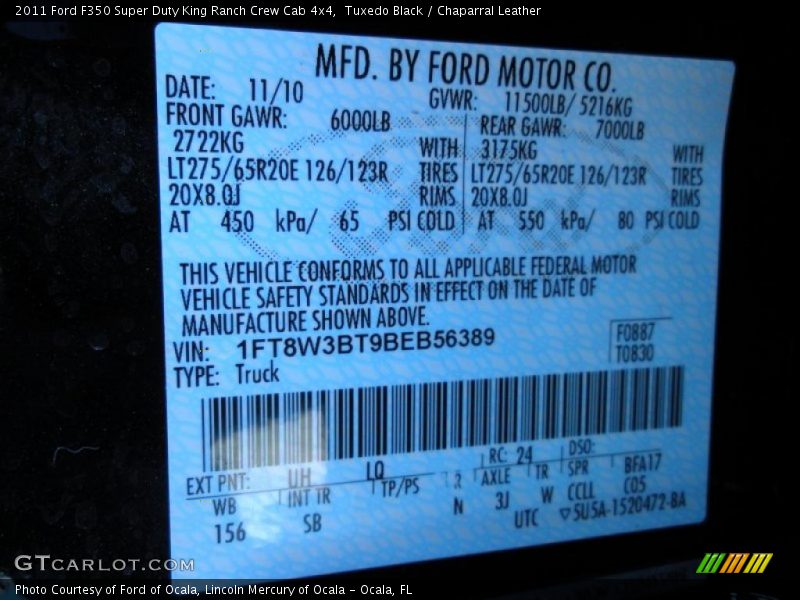 Info Tag of 2011 F350 Super Duty King Ranch Crew Cab 4x4