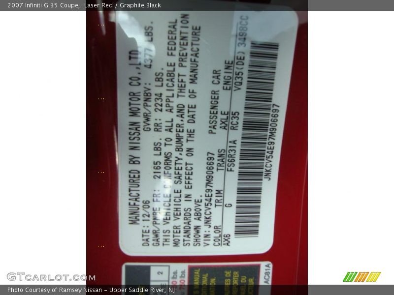 Info Tag of 2007 G 35 Coupe