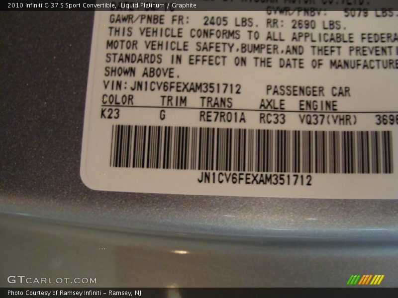 2010 G 37 S Sport Convertible Liquid Platinum Color Code K23
