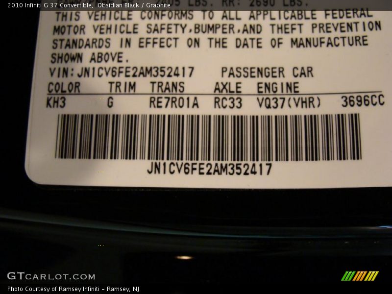 2010 G 37 Convertible Obsidian Black Color Code KH3
