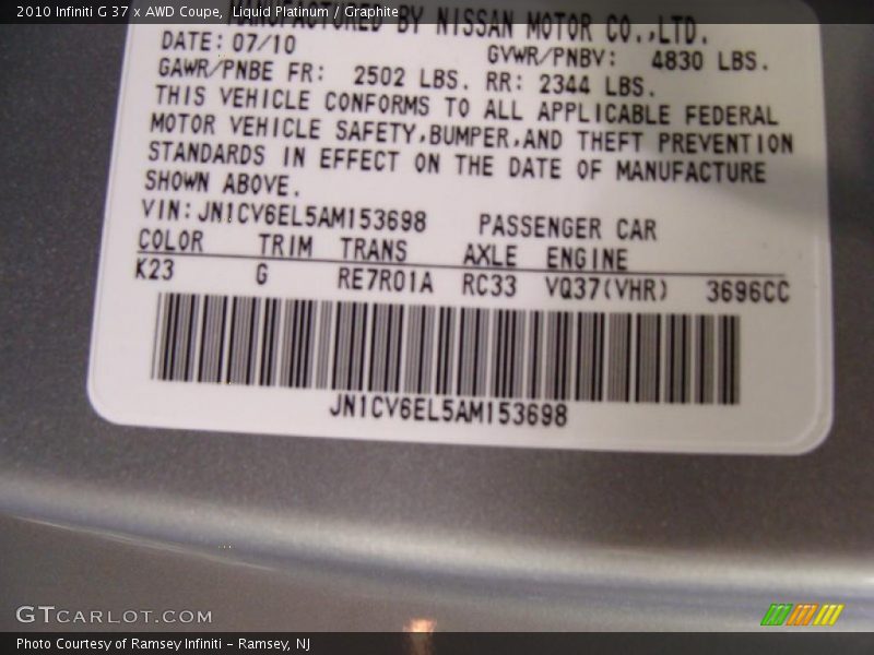 Liquid Platinum / Graphite 2010 Infiniti G 37 x AWD Coupe