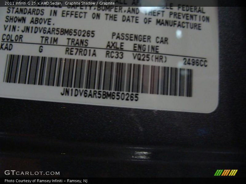 2011 G 25 x AWD Sedan Graphite Shadow Color Code KAD