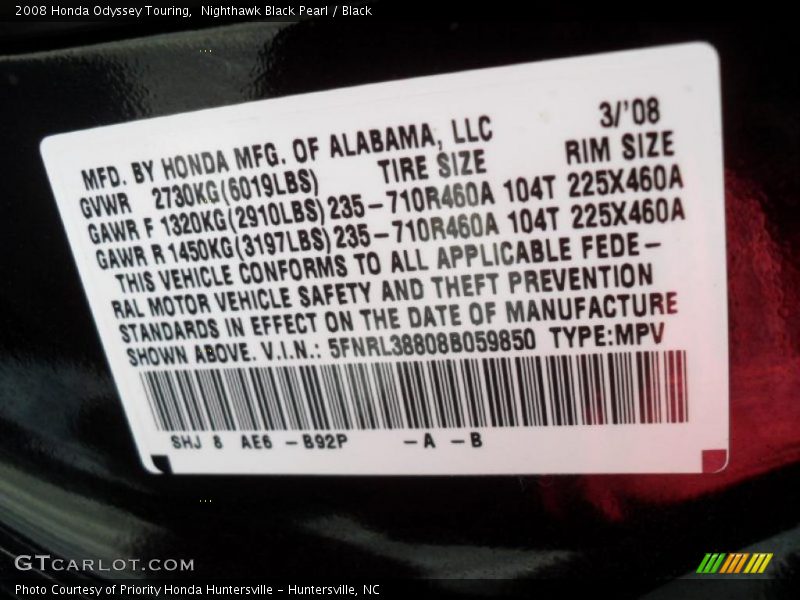 Nighthawk Black Pearl / Black 2008 Honda Odyssey Touring