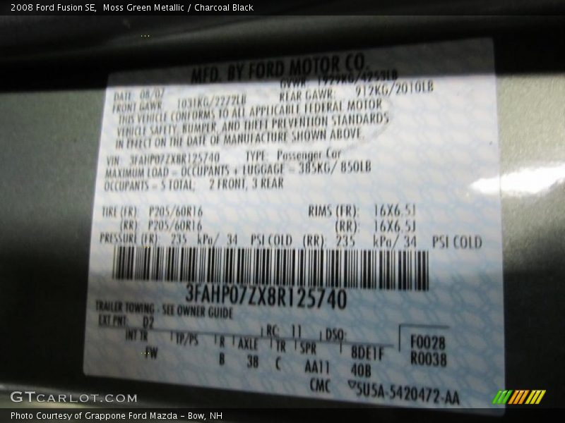 Moss Green Metallic / Charcoal Black 2008 Ford Fusion SE