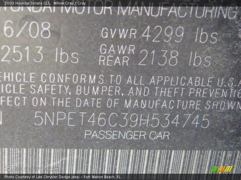 Willow Gray / Gray 2009 Hyundai Sonata GLS