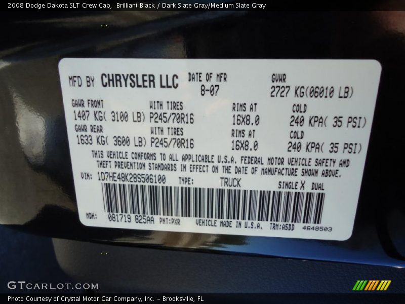 2008 Dakota SLT Crew Cab Brilliant Black Color Code PXR