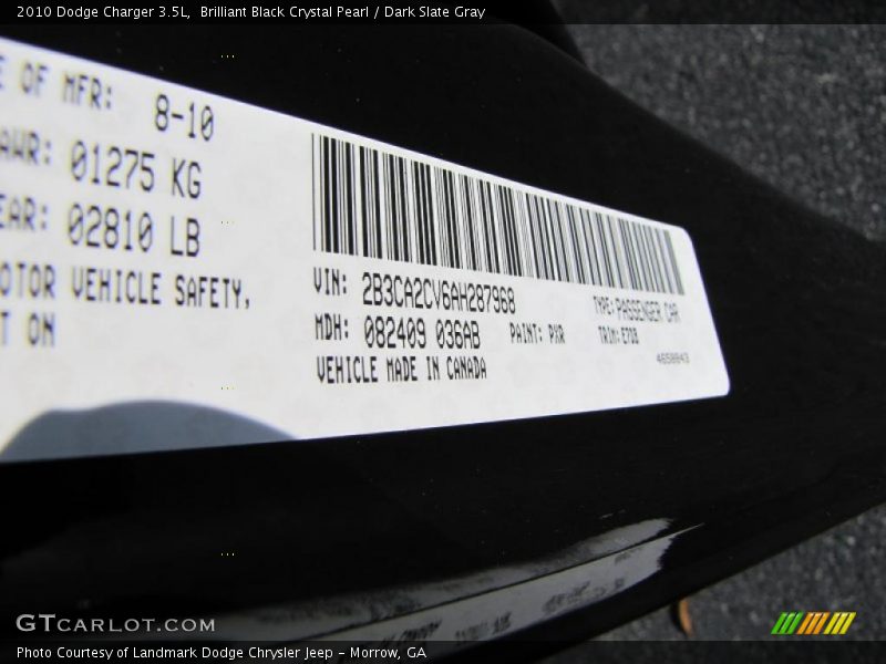 Brilliant Black Crystal Pearl / Dark Slate Gray 2010 Dodge Charger 3.5L
