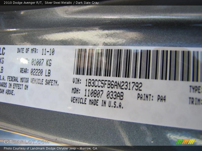 Silver Steel Metallic / Dark Slate Gray 2010 Dodge Avenger R/T