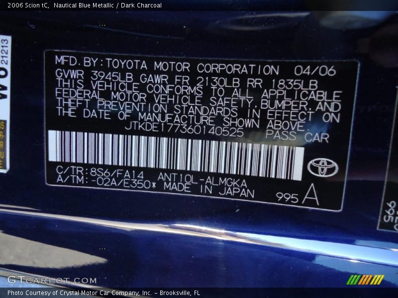 Nautical Blue Metallic / Dark Charcoal 2006 Scion tC