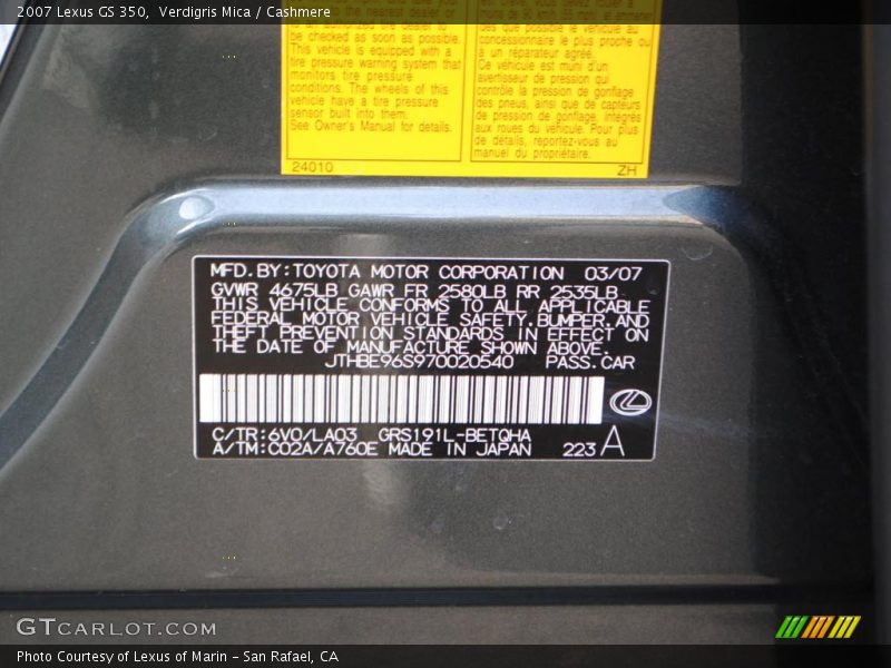 Info Tag of 2007 GS 350