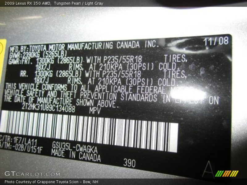 Tungsten Pearl / Light Gray 2009 Lexus RX 350 AWD