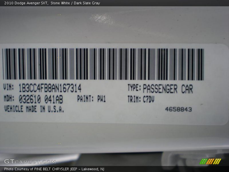 Stone White / Dark Slate Gray 2010 Dodge Avenger SXT