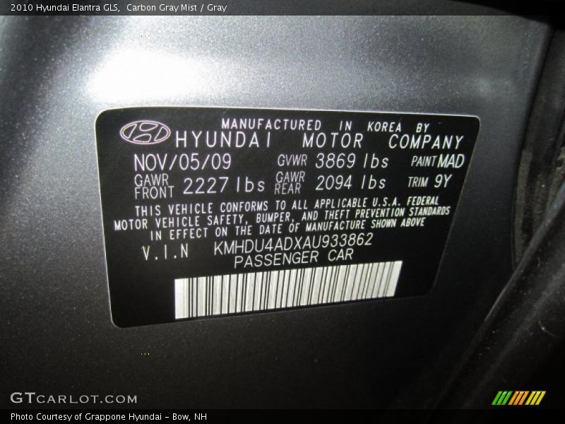 Carbon Gray Mist / Gray 2010 Hyundai Elantra GLS
