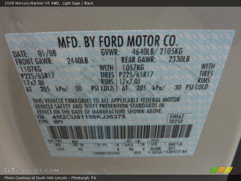 Light Sage / Black 2008 Mercury Mariner V6 4WD