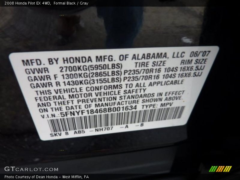 Formal Black / Gray 2008 Honda Pilot EX 4WD