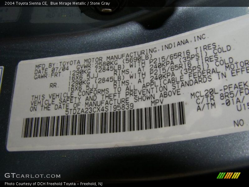 Blue Mirage Metallic / Stone Gray 2004 Toyota Sienna CE