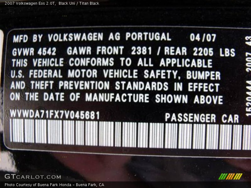Black Uni / Titan Black 2007 Volkswagen Eos 2.0T