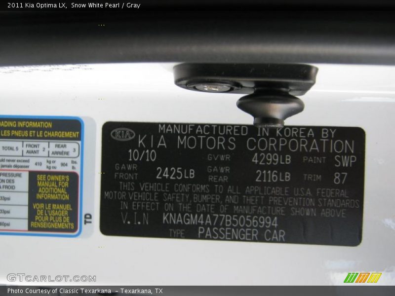2011 Optima LX Snow White Pearl Color Code SWP