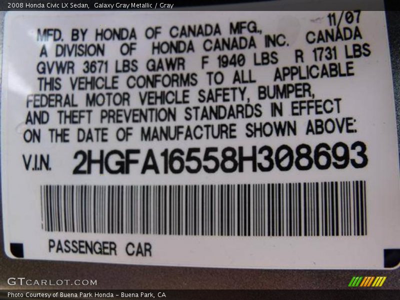 Galaxy Gray Metallic / Gray 2008 Honda Civic LX Sedan