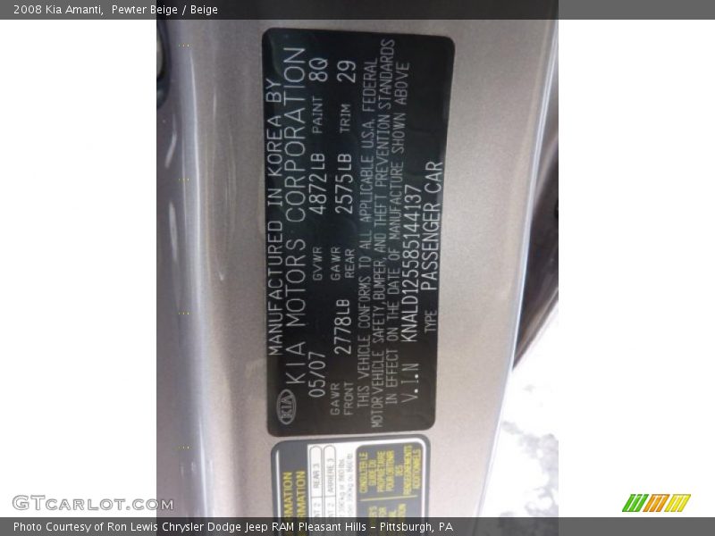 Pewter Beige / Beige 2008 Kia Amanti