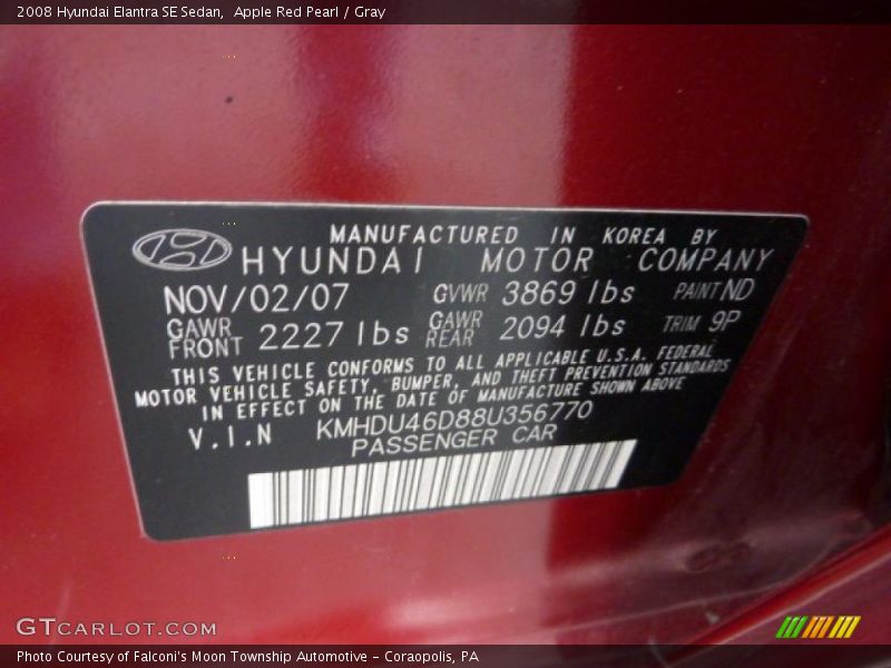 Apple Red Pearl / Gray 2008 Hyundai Elantra SE Sedan