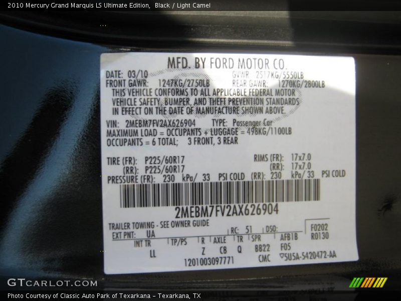 Black / Light Camel 2010 Mercury Grand Marquis LS Ultimate Edition