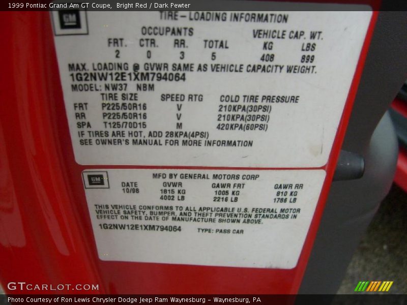 Bright Red / Dark Pewter 1999 Pontiac Grand Am GT Coupe