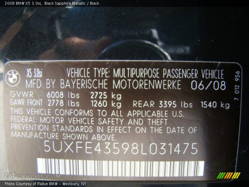 Black Sapphire Metallic / Black 2008 BMW X5 3.0si