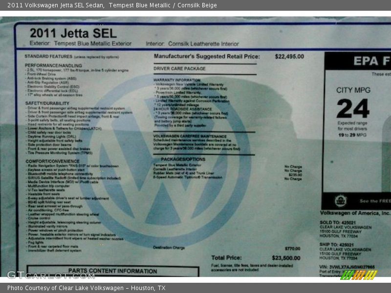  2011 Jetta SEL Sedan Window Sticker