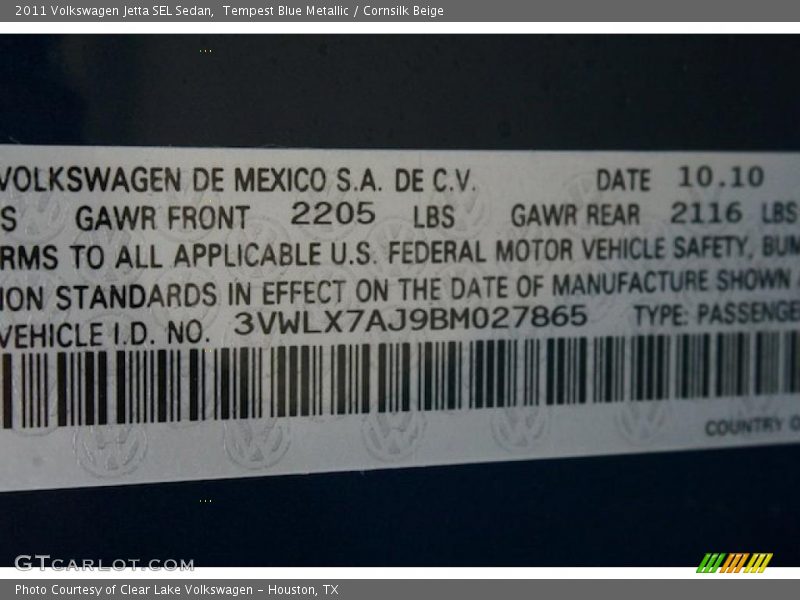 Tempest Blue Metallic / Cornsilk Beige 2011 Volkswagen Jetta SEL Sedan