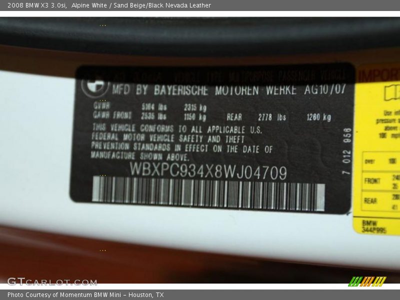 Alpine White / Sand Beige/Black Nevada Leather 2008 BMW X3 3.0si