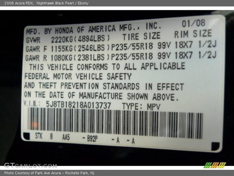 Nighthawk Black Pearl / Ebony 2008 Acura RDX