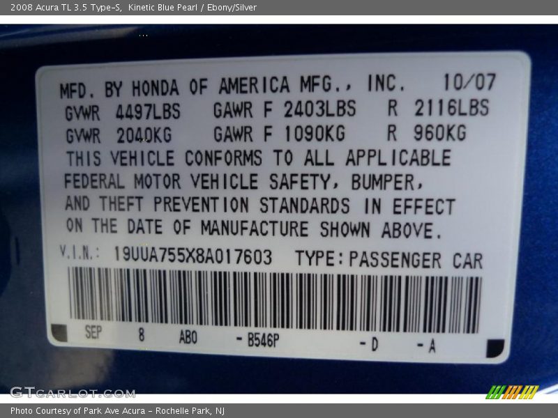 2008 TL 3.5 Type-S Kinetic Blue Pearl Color Code B546P
