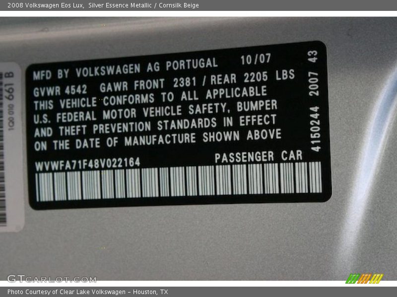 Info Tag of 2008 Eos Lux