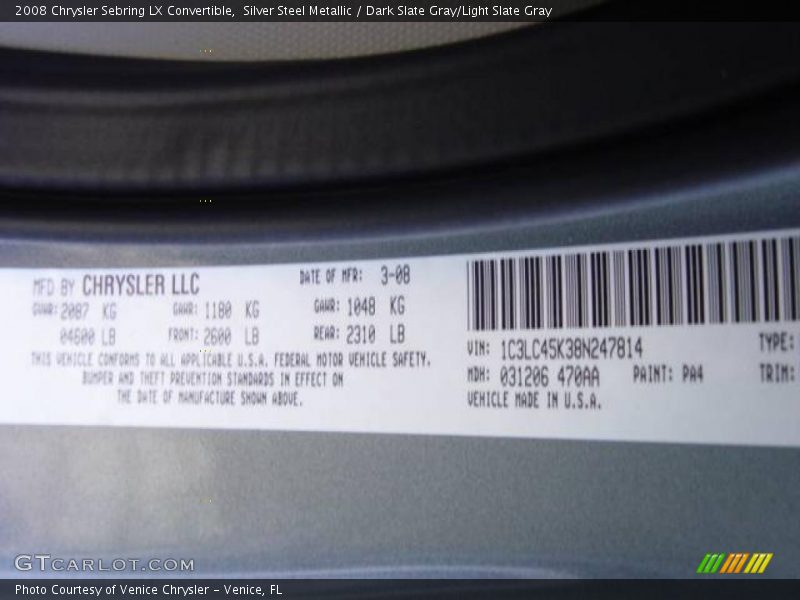 Silver Steel Metallic / Dark Slate Gray/Light Slate Gray 2008 Chrysler Sebring LX Convertible