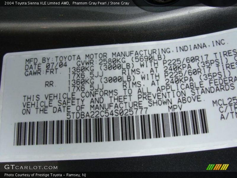 Phantom Gray Pearl / Stone Gray 2004 Toyota Sienna XLE Limited AWD
