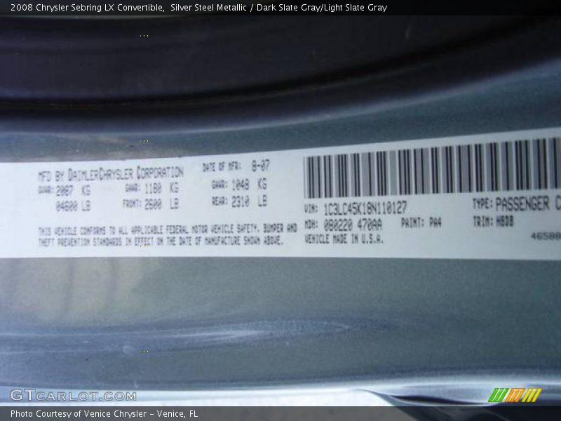 Silver Steel Metallic / Dark Slate Gray/Light Slate Gray 2008 Chrysler Sebring LX Convertible