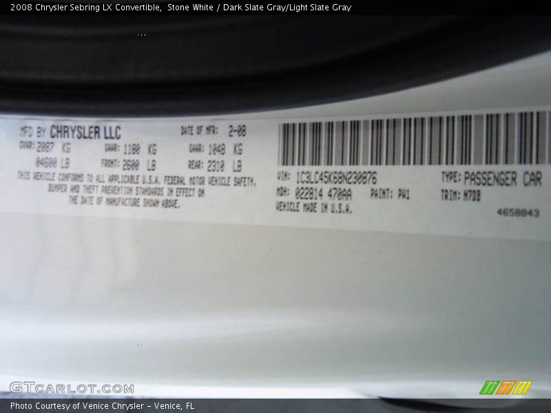 Stone White / Dark Slate Gray/Light Slate Gray 2008 Chrysler Sebring LX Convertible
