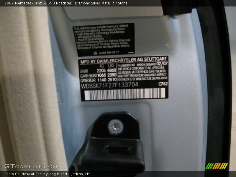 Info Tag of 2007 SL 550 Roadster
